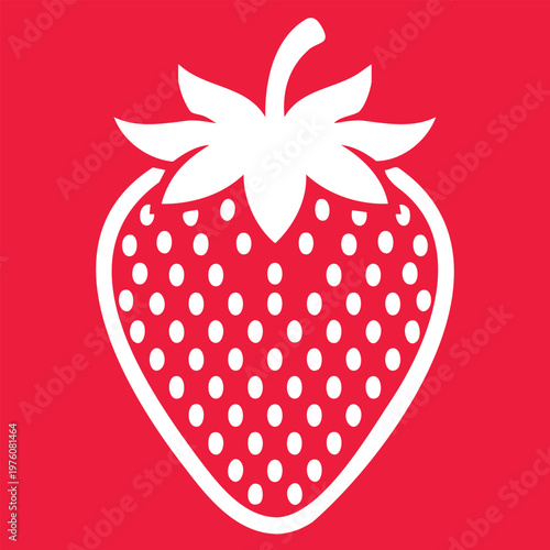 Minimalist white strawberry icon isolated on vibrant red background