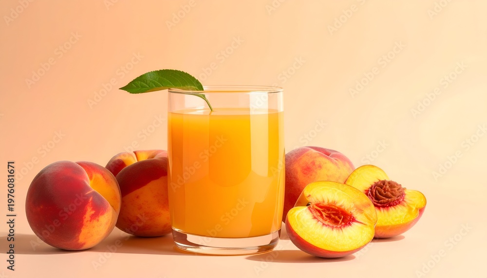 Fototapeta premium A tall glass of fresh peach juice with a green leaf garnish, surrounded by ripe peaches, against a light orange background
