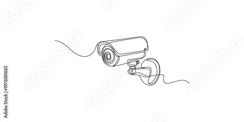 Continuous line drawing of a security camera on a white background cctv surveillance monitoring safety