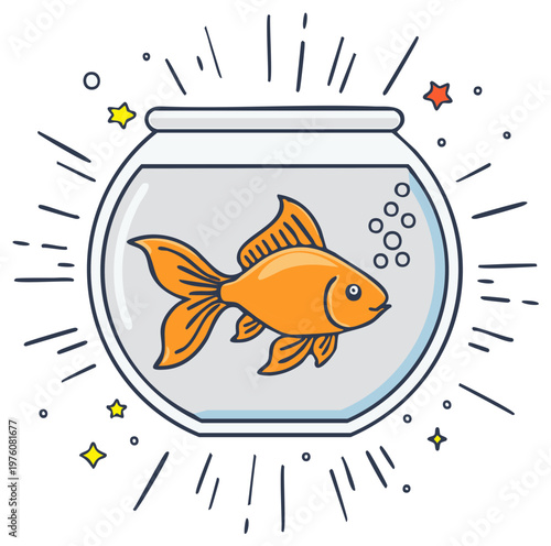 Cartoon Orange Goldfish Swimming in Glass Bowl with Bubbles and Sparkles Surrounding the Fish Tank Illustration