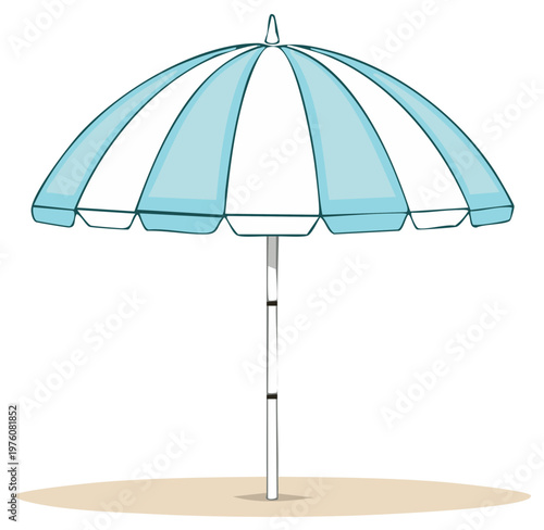 Striped beach umbrella casting shadow on sand, evoking vacation vibes and summer getaway with its bright colors and playful design