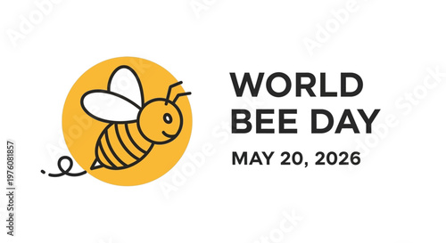 World Bee Day logo with a bee on a yellow circle isolated on background