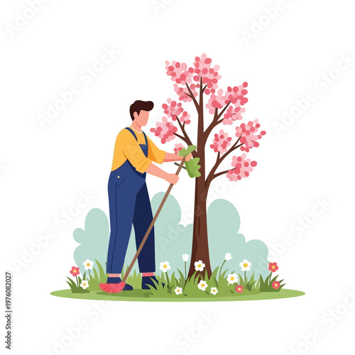 Man pruning cherry blossom tree in spring garden with gardening tools in colorful vibrant illustration for landscaping