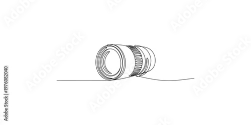 Camera Lens Illustration in Black Lines on White Background photography equipment optics device drawing sketch