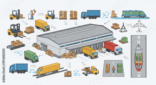 Comprehensive Logistics and Distribution Network Illustration with Various Transportation Modes.