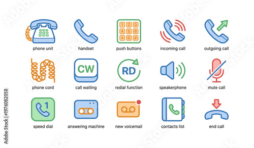 Colorful communication icon set illustrating phone functions and features