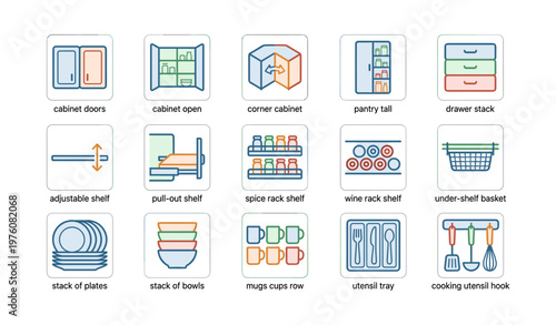 Kitchen organization icons: cabinets, shelves, baskets, and utensil tray