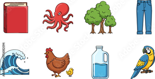 Nature, Animal, and Everyday Items Vector Set, Book, Octopus, Trees, Jeans, Chicken, Water Bottle, Wave, and Parrot, Educational and Fun Icons for Various Designs