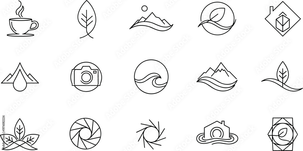 Obraz premium Minimal nature and photography line icons set with mountains leaves waves camera and abstract eco symbols modern vector illustration collection