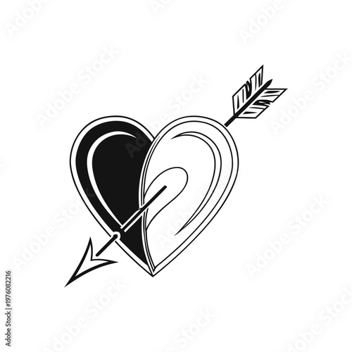 Black and white heart pierced by arrow with dual tone design representing love and heartbreak in bold vector illustration style