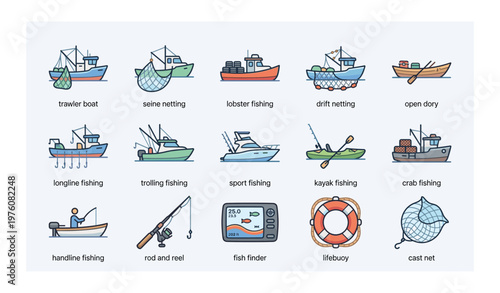 Diverse fishing methods and equipment illustration