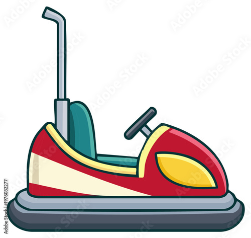 Playful cartoon illustration of a red retro bumper car from an amusement park ride
