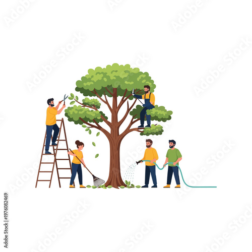 Team of people pruning and watering tree in vibrant colorful illustration for gardening and landscaping