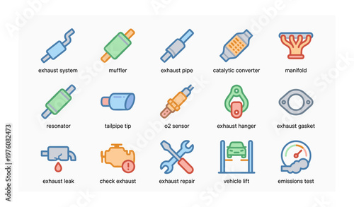 Automotive exhaust system components and maintenance icons