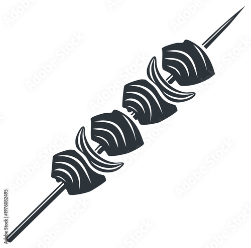 Shish kebab skewer with grilled meat and onion slices black and white vector icon for barbecue and grilling menu design