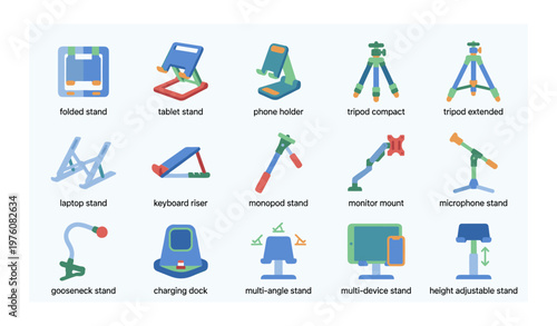 Assorted device stands and holders: tablet, phone, tripod, laptop, and more