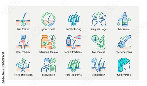 Hair treatment icons: follicle, growth, scalp massage, serum, laser therapy