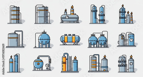 Collection of Industrial Plant and Equipment Icons.