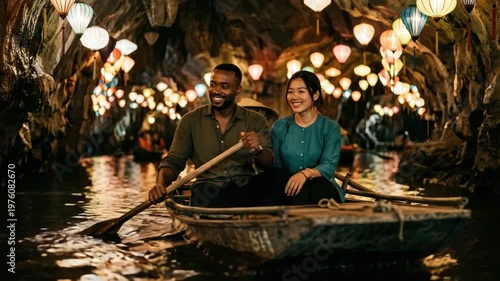 A couple enjoys a magical boat ride in enchanting caves illuminated by soft, colorful lights