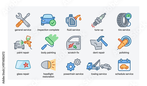 Automotive services icons: repair, maintenance, painting, towing, inspection symbols