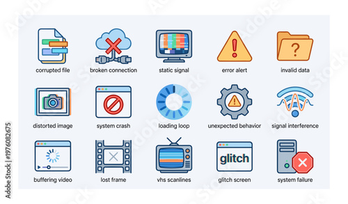 Tech icons: error alerts, data issues, and signal interference symbols