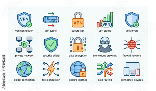 Vpn icons representing secure connection, data encryption, and global network