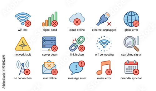 Technology error icons illustrating connectivity issues with cloud, ethernet, and wifi symbols