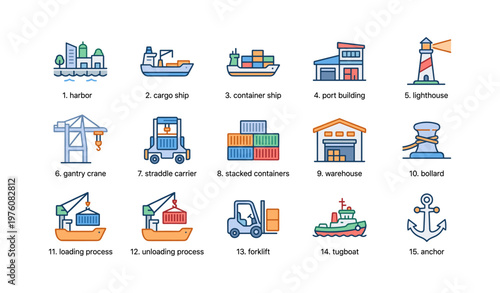 Harbor icons set featuring ships, buildings, and equipment for cargo and logistics