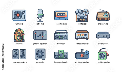 Vintage audio equipment icons: turntable, cassette, radio, speaker, amplifier set