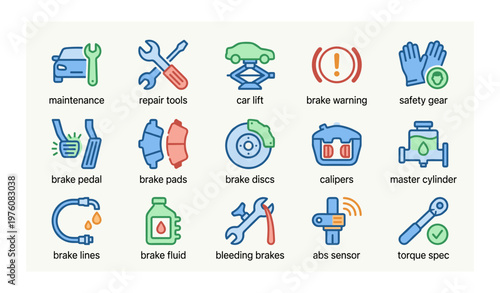Automotive maintenance icons: tools, car lift, brake parts and safety gear
