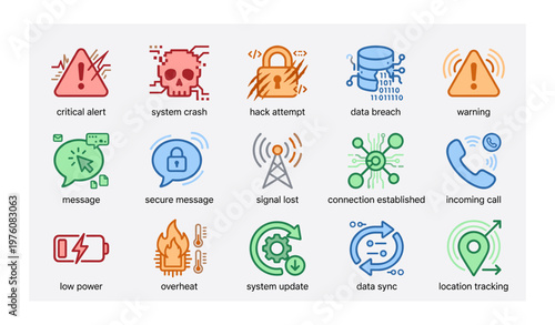 Colorful technology icon set representing security alerts and system notifications