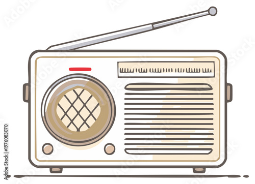 Charming hand drawn illustration of a vintage radio receiver with antenna and speaker grille for retro audio experience