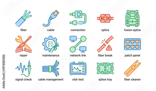 Comprehensive telecommunication icons for fiber optic network management