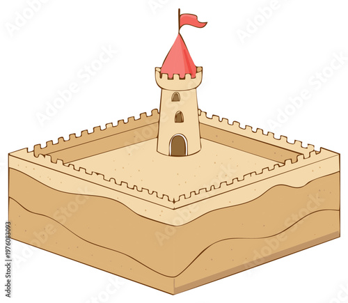 Cartoon sand castle with red roof and flag on white background for summer or beach themes