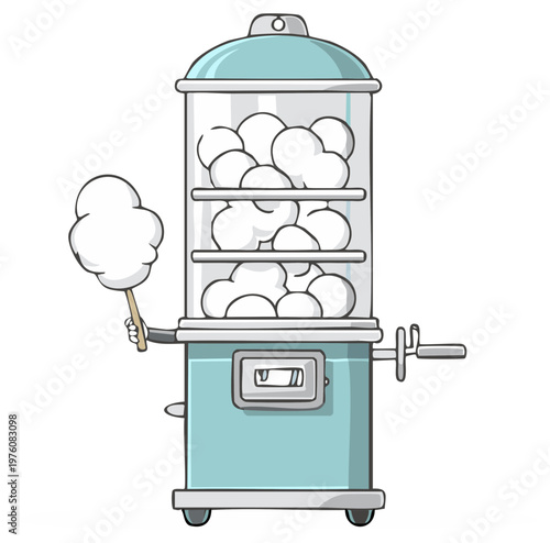 Cartoon illustration of a cotton candy machine serving sweet treats at a fair