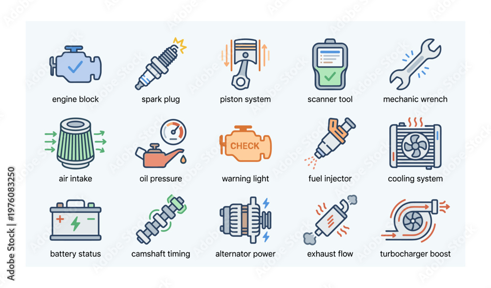 Fototapeta premium Automotive icon set featuring tools and engine components in flat design