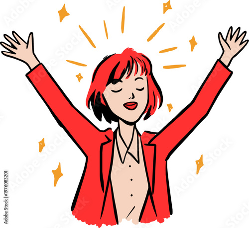 축하와 기쁨을 표현한 여성 캐릭터 일러스트, 별 컨페티 환호 파티 분위기