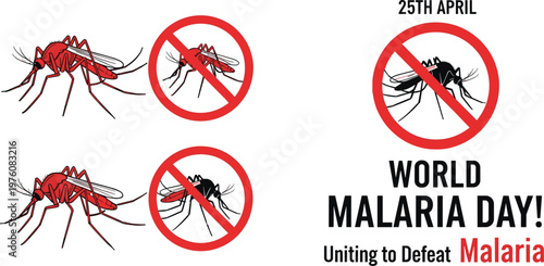 World Malaria Day 25th April Illustration Featuring Red No Mosquito Symbols and Message 'Uniting to Defeat Malaria' for Awareness