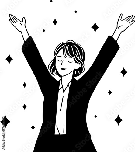 별과 컨페티가 흩날리는 축하 여성 일러스트, 기쁨 환호 파티 캐릭터