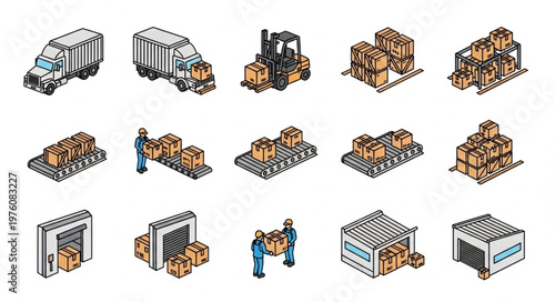 Isometric Logistics and Delivery Icons Set - Trucks, Forklifts, and Warehouses.