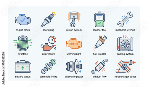 Automotive icon set featuring tools and engine components in flat design
