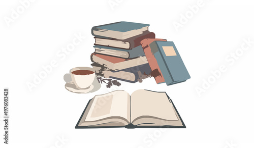 Hand drawn books stack with tea and flowers vector illustration for cozy study and reading theme