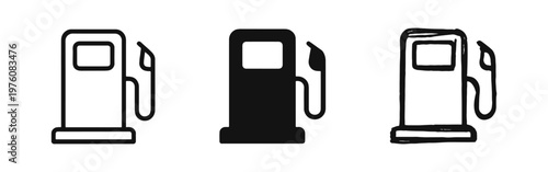 Gas Pump Icon Set. Fuel Station and Petrol Dispenser Symbols in Outline, Solid, and Hand-Drawn Styles.