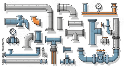 Assortment of Industrial Pipes and Fittings Illustration.