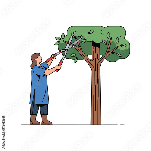 Woman pruning tree with large red shears in flat colorful illustration for gardening