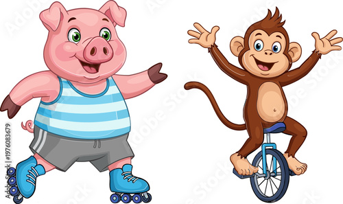 Playful Animal Icons Vector Set, Roller Skating Pig and Unicycling Monkey, Fun and Energetic Characters for Kids' Playtime, Sports, and Activity Designs