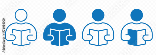 Black and white reading icon set featuring people reading books  open textbooks  library symbols  and educational literature for school  university  literacy  and academic study designs