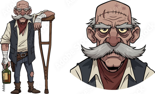 Gritty cartoon old man character with crutch and bottle, injured senior male vector illustration, elderly veteran with mustache and bandages