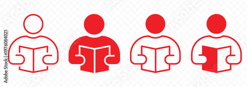 Black and white reading icon set featuring people reading books  open textbooks  library symbols  and educational literature for school  university  literacy  and academic study designs