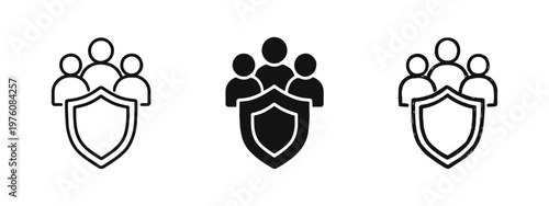 Group Protection and Security Shield Icons. Community Safety Symbols in Outline, Solid, and Hand-Drawn Styles.